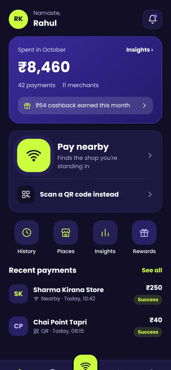 Payzzo app home screen with Pay nearby, monthly spend and recent payments