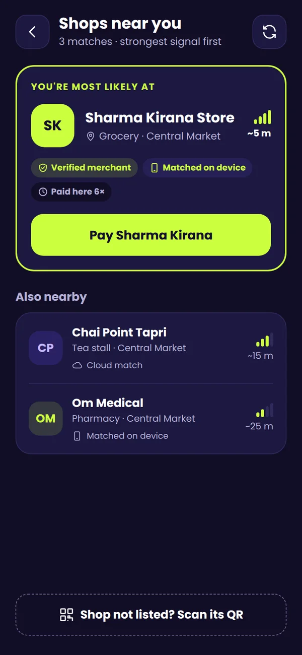 Payzzo app showing shops near you with the most likely match on top