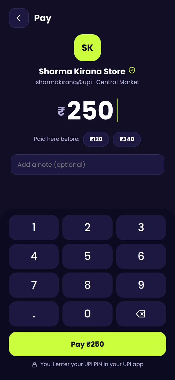 Enter amount screen